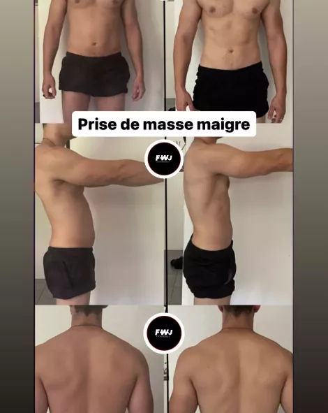 Avant après prise de masse maigre d'un élève homme, coaching FWJ Montpellier
