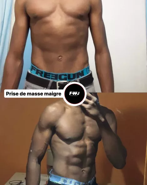 Avant après prise de masse maigre avec abdos visibles d'un élève FWJ Montpellier